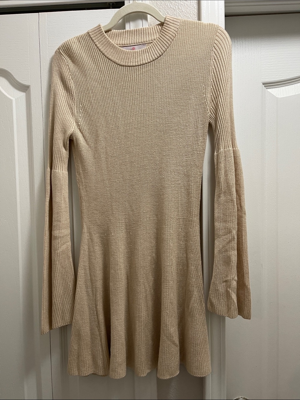 Beige Ribbed Long-Sleeve Fit & Flare Dress